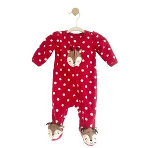 Carter's Red Polka Dot Zip-Up Footie with Cute Reindeer - Newborn Baby Girl